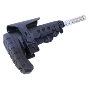 Black AR-15 M.P.M. modular tactical stock with adjustable cheek riser and recoil pad.