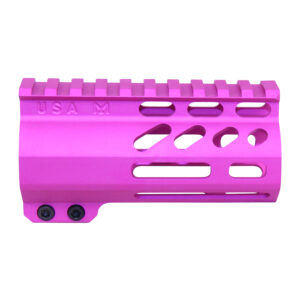 Bright pink Guntec USA 4-inch M-LOK handguard with monolithic top rail, anodized finish.