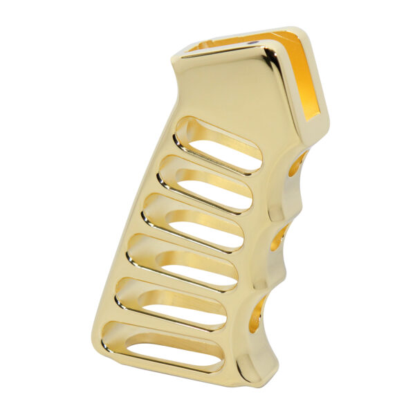 Gold-plated, skeletonized aluminum pistol grip by Guntec-USA, featuring ergonomic design and lightweight cut-outs.