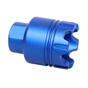 AR-15 Mini Trident Flash Can in Anodized Blue, designed for 9mm with glass breaker.