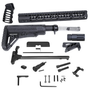 AR .308 rifle kit components displayed for assembly, anodized black finish.