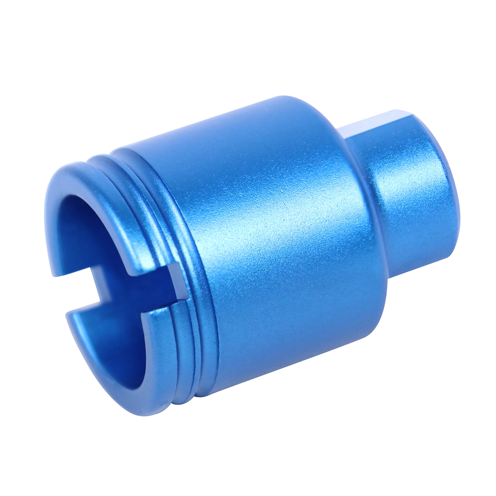 Anodized Blue AR 9mm Stubby Slim Flash Can Anodized blue AR 9mm Stubby Slim Compact Flash Can with visible front ports and threaded base