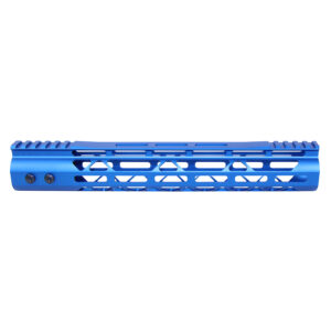 Blue 12-inch Guntec USA M-LOK handguard with monolithic top rail and lightweight design.