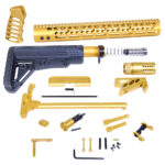 Gold anodized AR .308 rifle kit components with black accents.