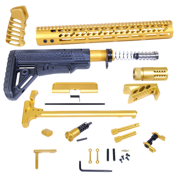 Gold anodized AR .308 rifle kit components with black accents.