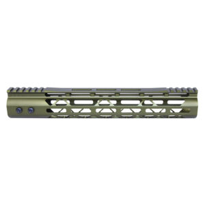 Guntec USA olive green 12-inch tactical rifle handguard with M-LOK and top rail.