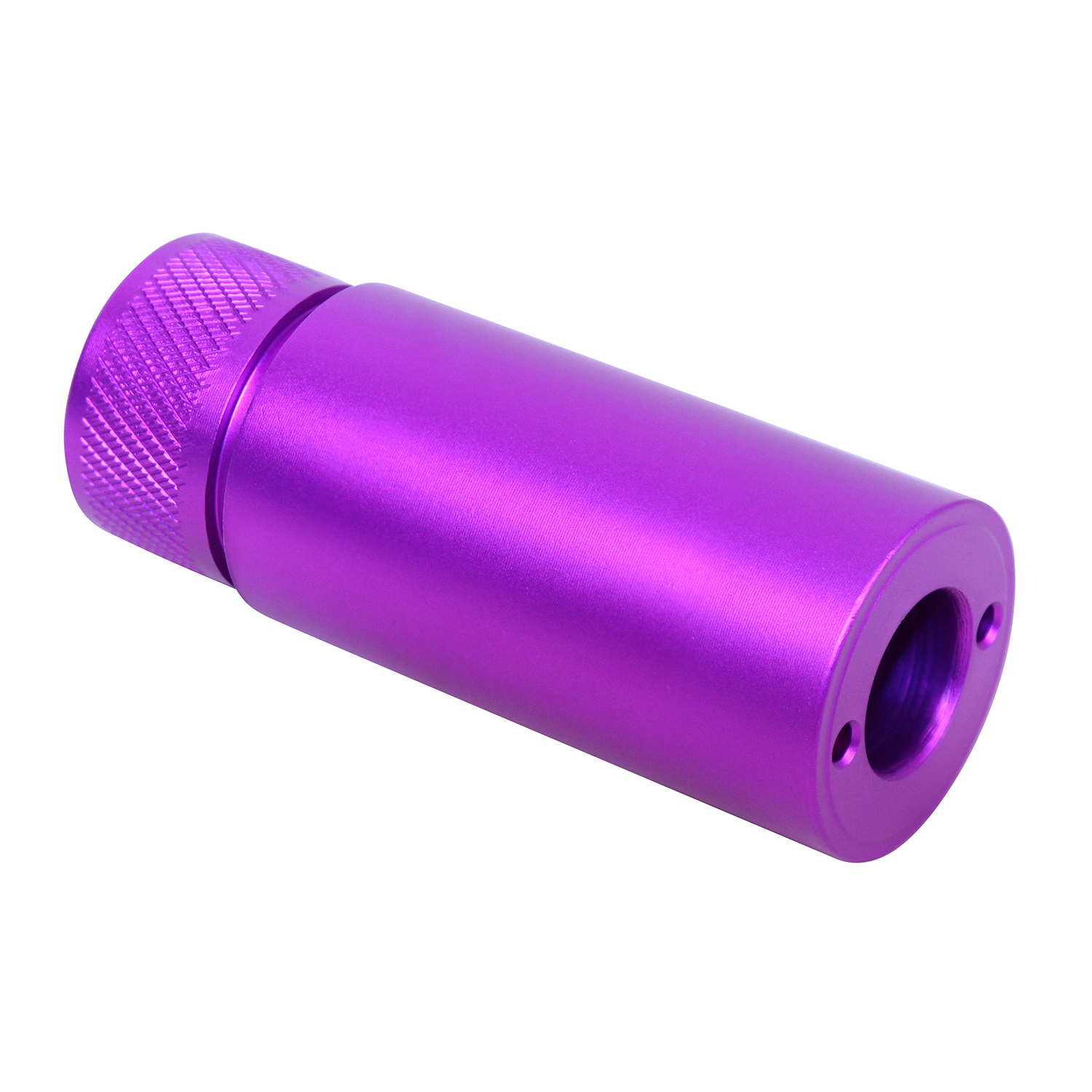 Anodized purple AR-10 .308 caliber 3-inch fake suppressor.