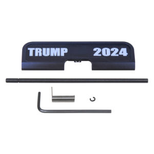 AR-15 Trump 2024 ejection port cover and assembly kit parts on white background.