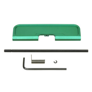 AR-15 Gen 3 Ejection Port Dust Cover in Anodized Irish Green with assembly tools.