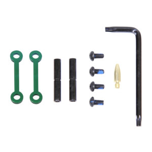 Complete AR-15 anti-rotation pin set in anodized Irish green with tools and components.