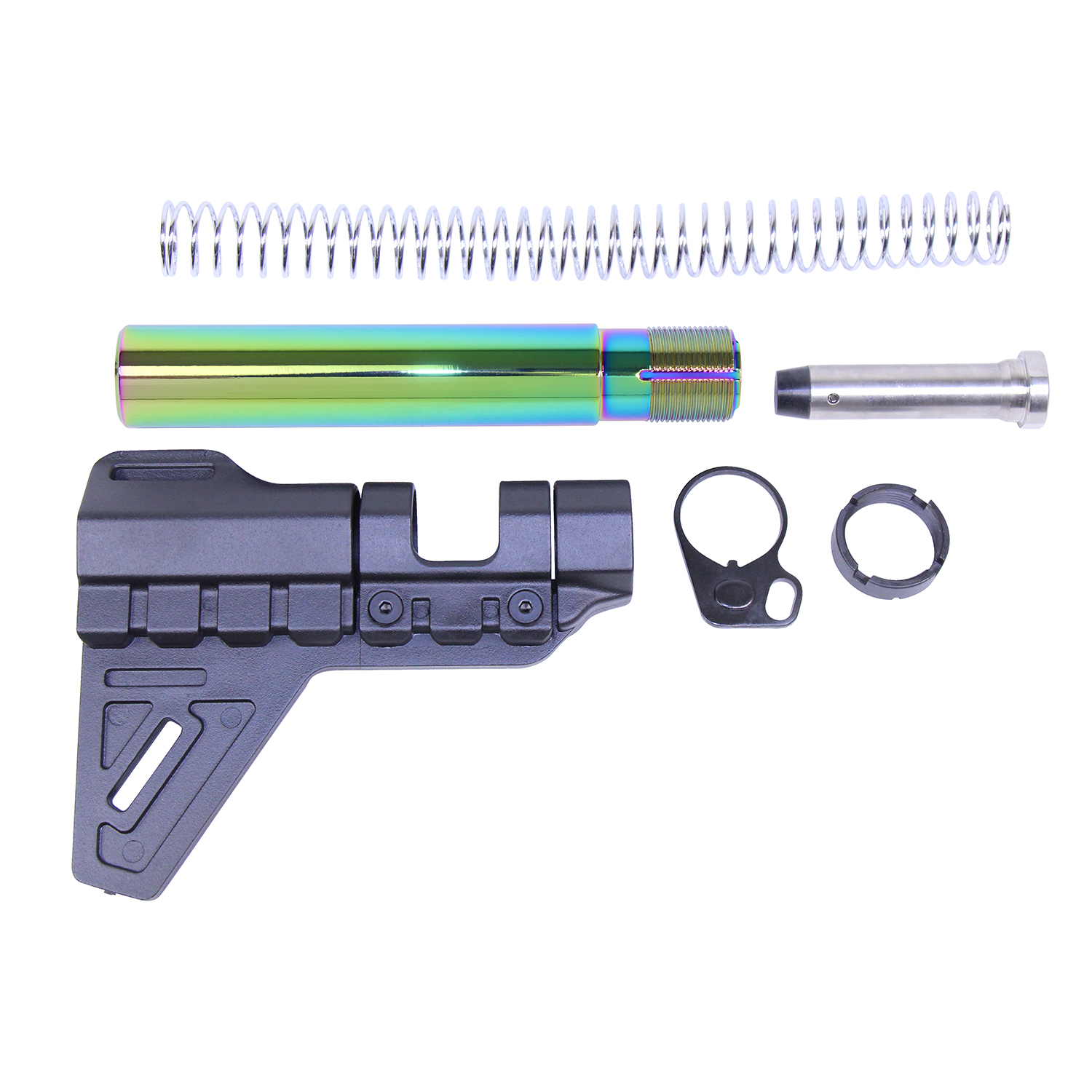 Disassembled AR-15 Micro Breach Pistol with Rainbow RPVD Finish.
