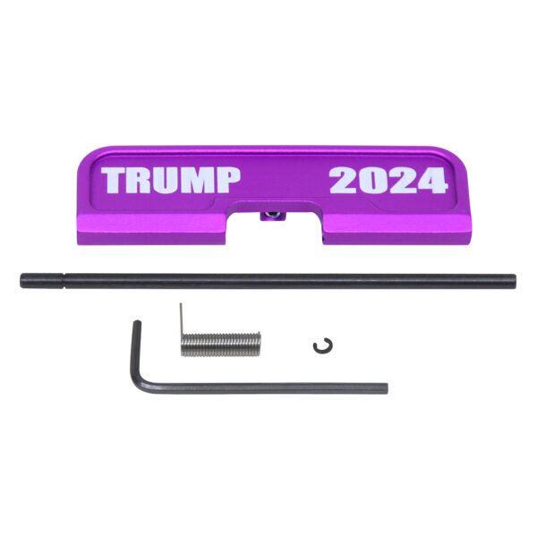 AR-15 purple dust cover with TRUMP 2024 engraving for firearm customization.