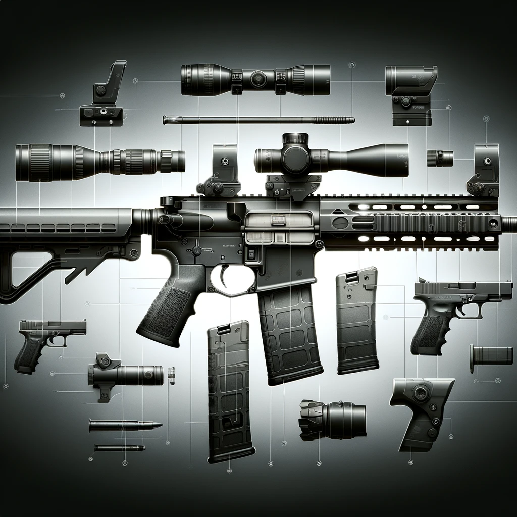 AR-308 rifle and handgun parts with tactical accessories including scopes and magazines.