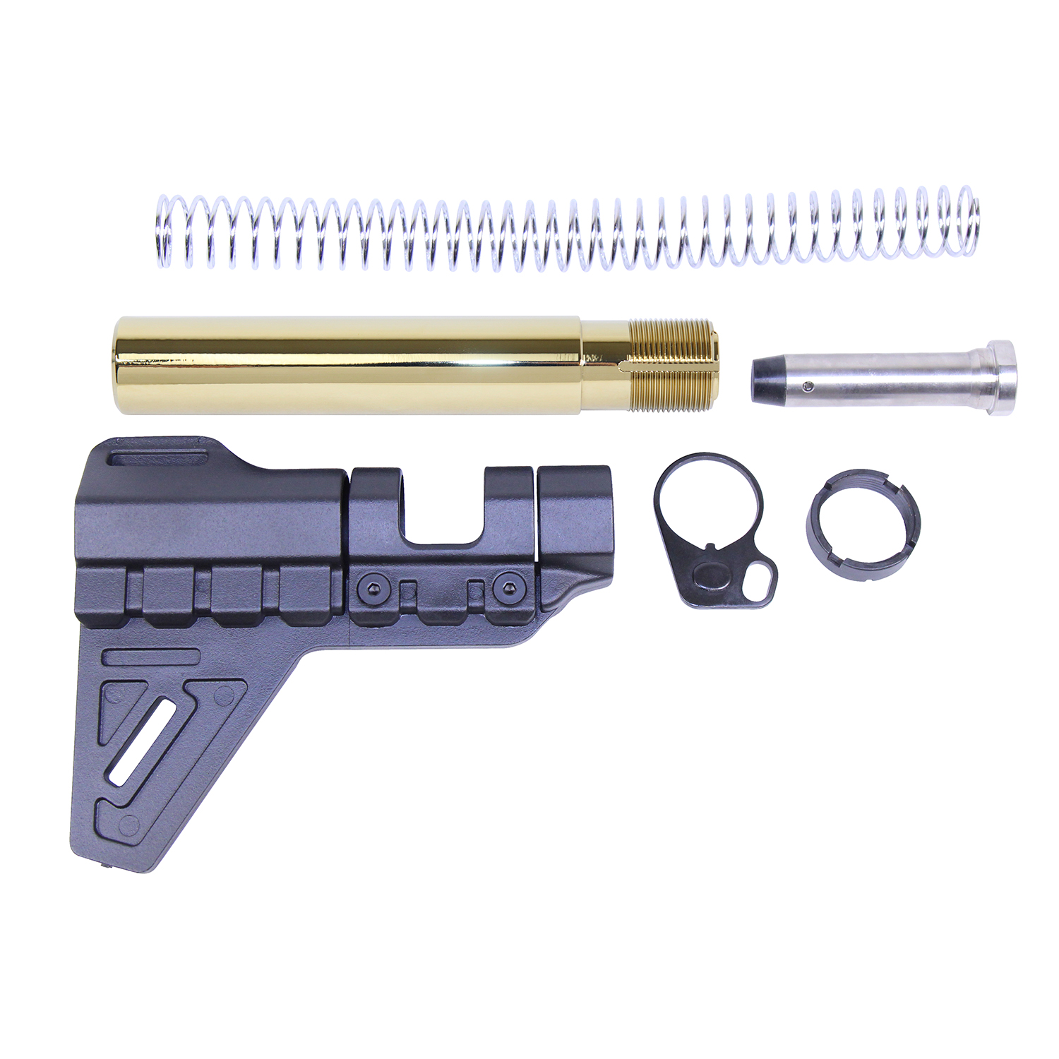 Gold Plated AR-15 Pistol Brace Kit Components Displayed.