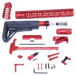 AR .308 rifle kit with red anodized accessories and components.