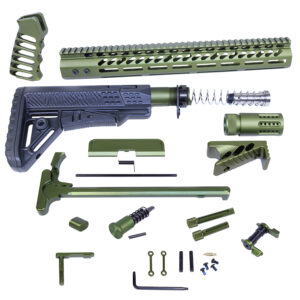 Exploded view of Guntec USA AR .308 rifle kit in anodized green.