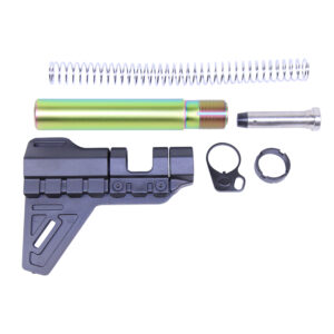 AR-15 pistol brace kit with buffer tube, spring, and accessories.