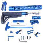 AR .308 rifle kit parts in anodized blue with accessories and assembly tools.