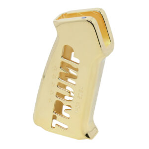 Gold-plated AR-15 Trump Series pistol grip with ergonomic design and bold branding.