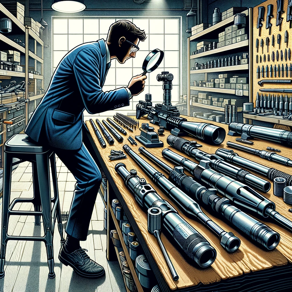 Gunsmith meticulously inspecting rifle barrels in a clean, organized workshop.