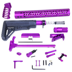 AR .308 rifle kit components in anodized purple, neatly arranged on plain background.