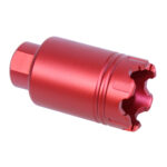 Red anodized AR .308 Trident Flash Can with gear-like structure and hex socket.