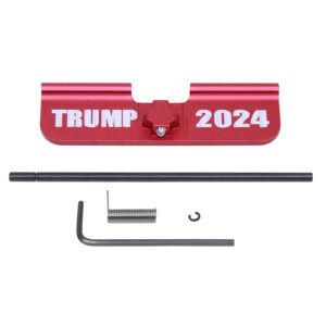 Red AR-15 dust cover with TRUMP 2024 engraving and assembly parts displayed.