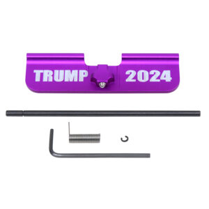 AR-15 dust cover with TRUMP 2024 in anodized purple for Gen 3 assembly.