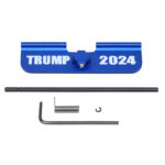 AR-15 blue dust cover with TRUMP 2024 engraving, featuring hex key and metal spring.