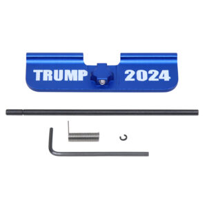 AR-15 blue dust cover with TRUMP 2024 engraving, featuring hex key and metal spring.