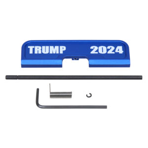 Blue AR-15 dust cover kit with TRUMP 2024 engraving and assembly tools.