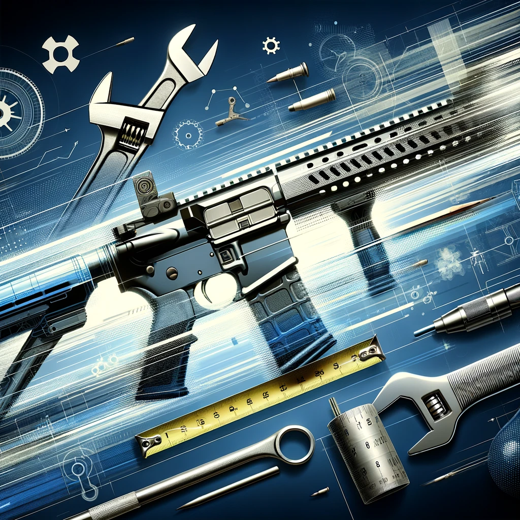 Blueprint-style illustration of a customizable AR-style rifle and mechanical tools.
