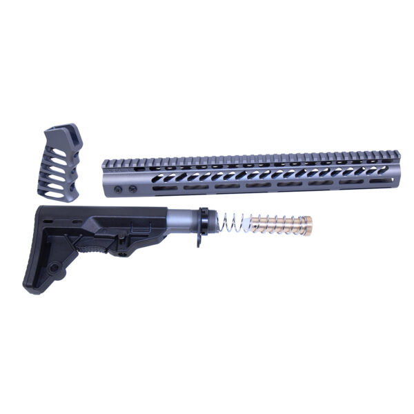 AR-15 parts: handguard, buffer tube assembly, muzzle brake on white background.