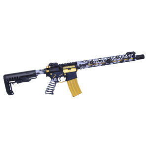 Luxury gold and black digital camo firearm with ergonomic design.