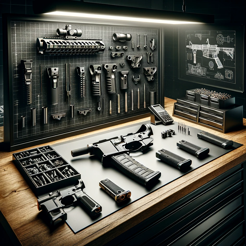 Organized gunsmiths workspace with AR platform parts and assembly tools.
