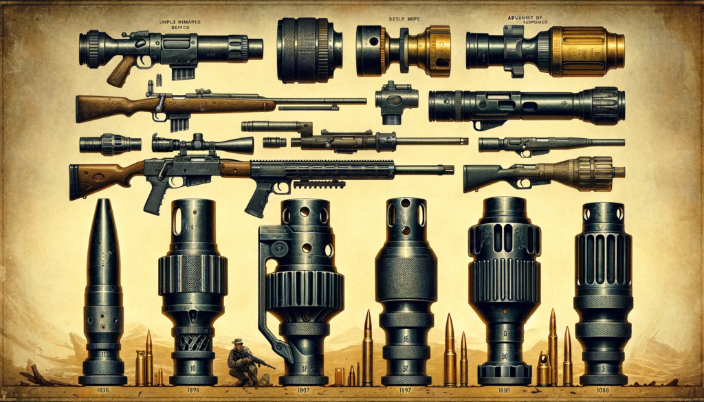 Collection of military muzzle devices showcasing the evolution from flash suppressors to modern compensators.