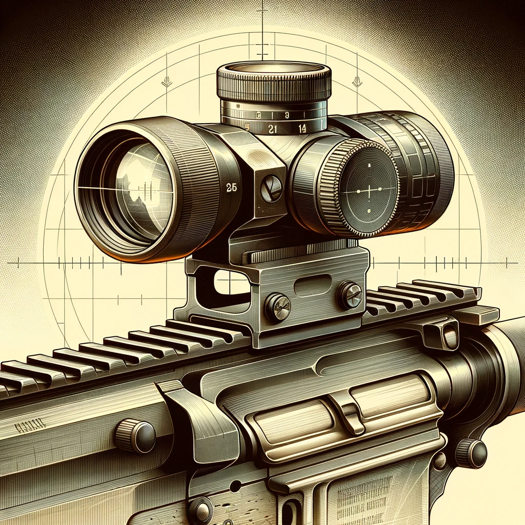 Close-up illustration of a detailed rifle scope mounted on an AR-15 tactical rifle.