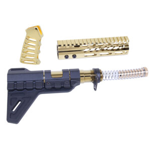 Gold AR-15 pistol set with micro breach brace and ergonomic grip.