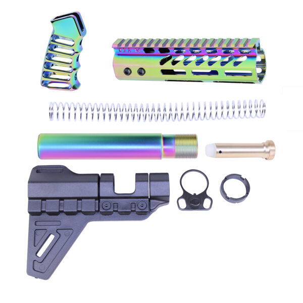 AR-15 pistol set with rainbow PVD coated brace and components.