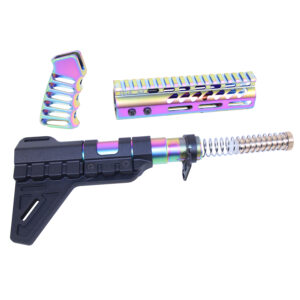 AR-15 pistol customization parts with iridescent finish and Micro Breach brace.