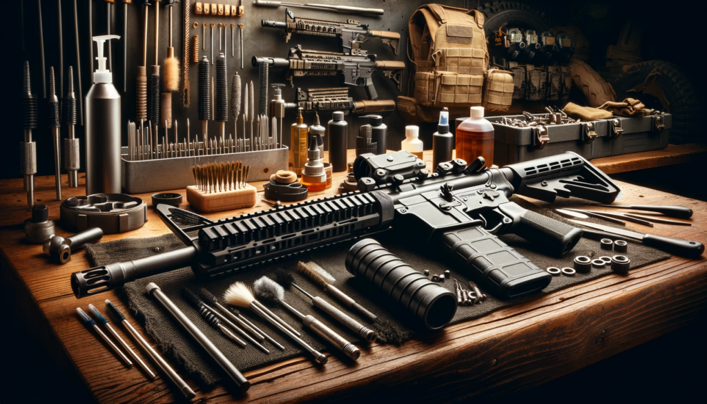 AR-15 rifle with maintenance tools on a workbench in an organized workshop.