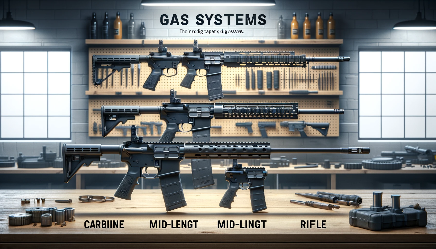 Display of AR-15 gas systems in a modern showroom with rifles and accessories.