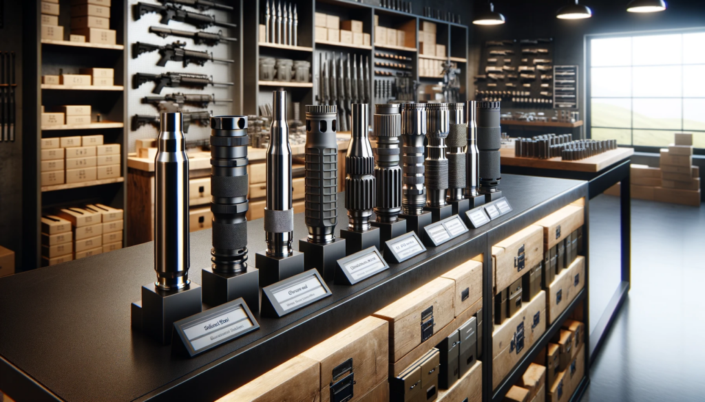 High-end audio equipment showroom with speakers and accessories displayed on sleek counters and shelves.