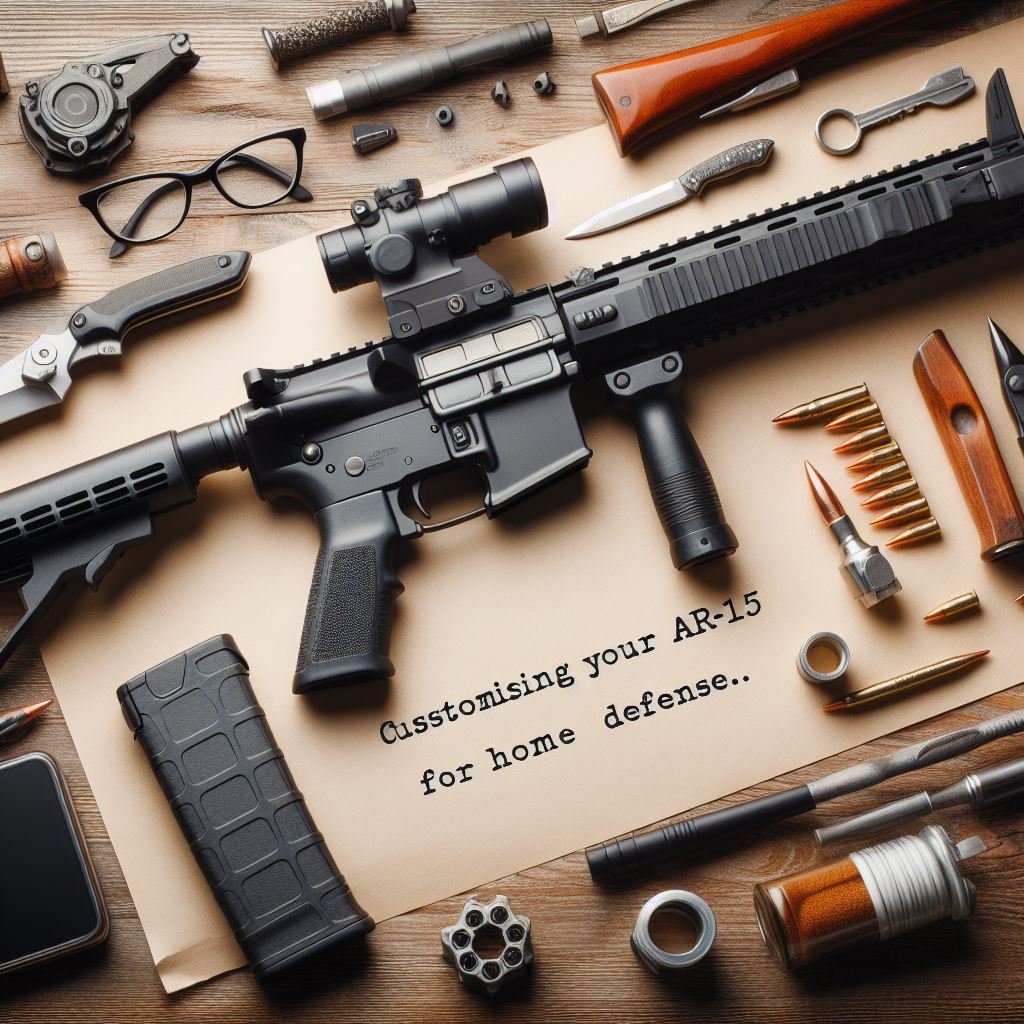 Custom AR-15 for home defense with accessories and ammunition neatly arranged.