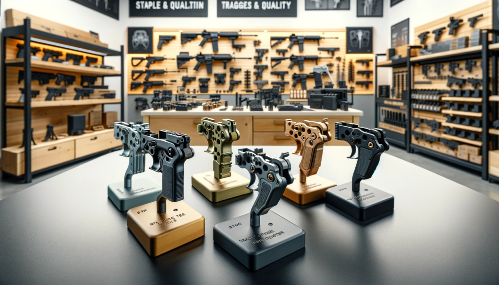 Gun store display with handguns, rifles, and shotguns on wooden pedestals and shelves.