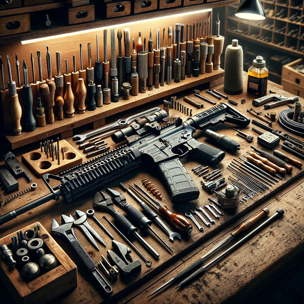 AR-15 rifle disassembled for maintenance on a well-organized gunsmiths workbench.