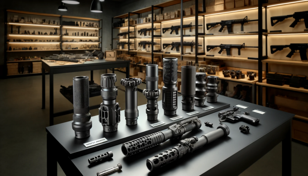 High-end gun store display showcasing a variety of firearms and accessories.