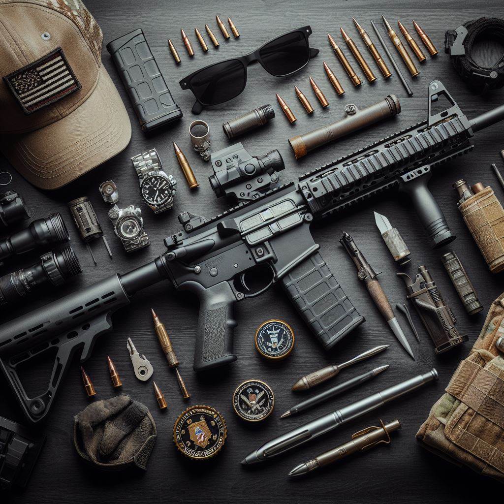 AR-15 rifle with tactical gear, ammunition, and maintenance tools on dark background.