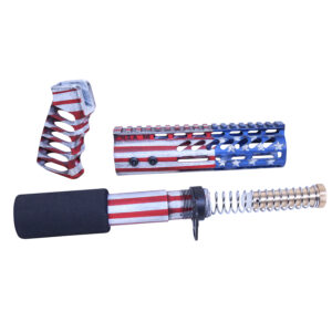 AR-15 parts with American flag Cerakote design on white background.