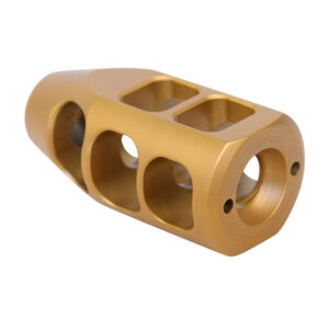 Gold-colored precision muzzle brake with strategic gas redirection ports for improved firearm handling.